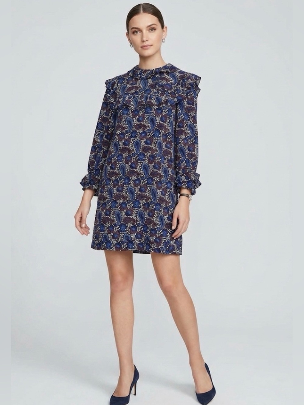 Sandro Paris Paisley Silk Shift Dress Mini Short Ruffle Blue Black Size 1 Small